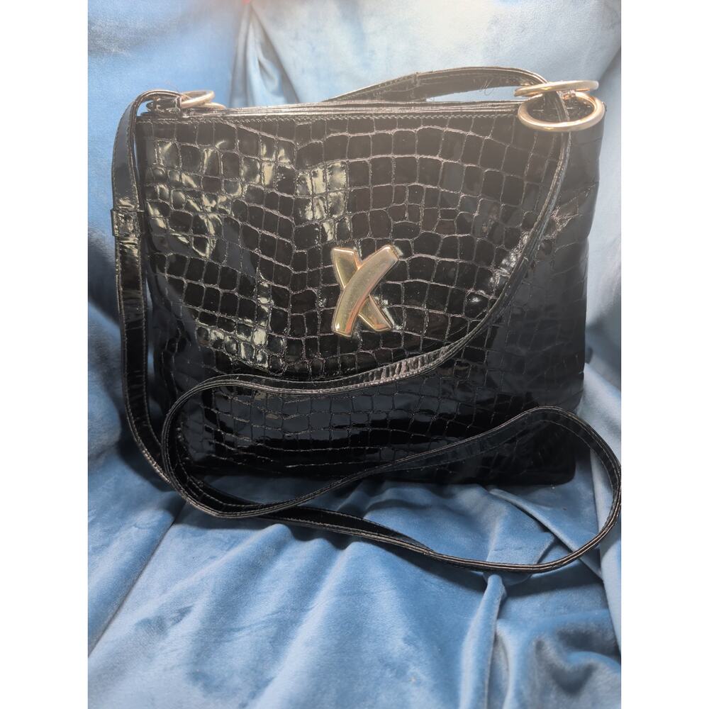 Paloma Picasso Black Embossed Alligator-Style Patent Leather Shoulder Bag